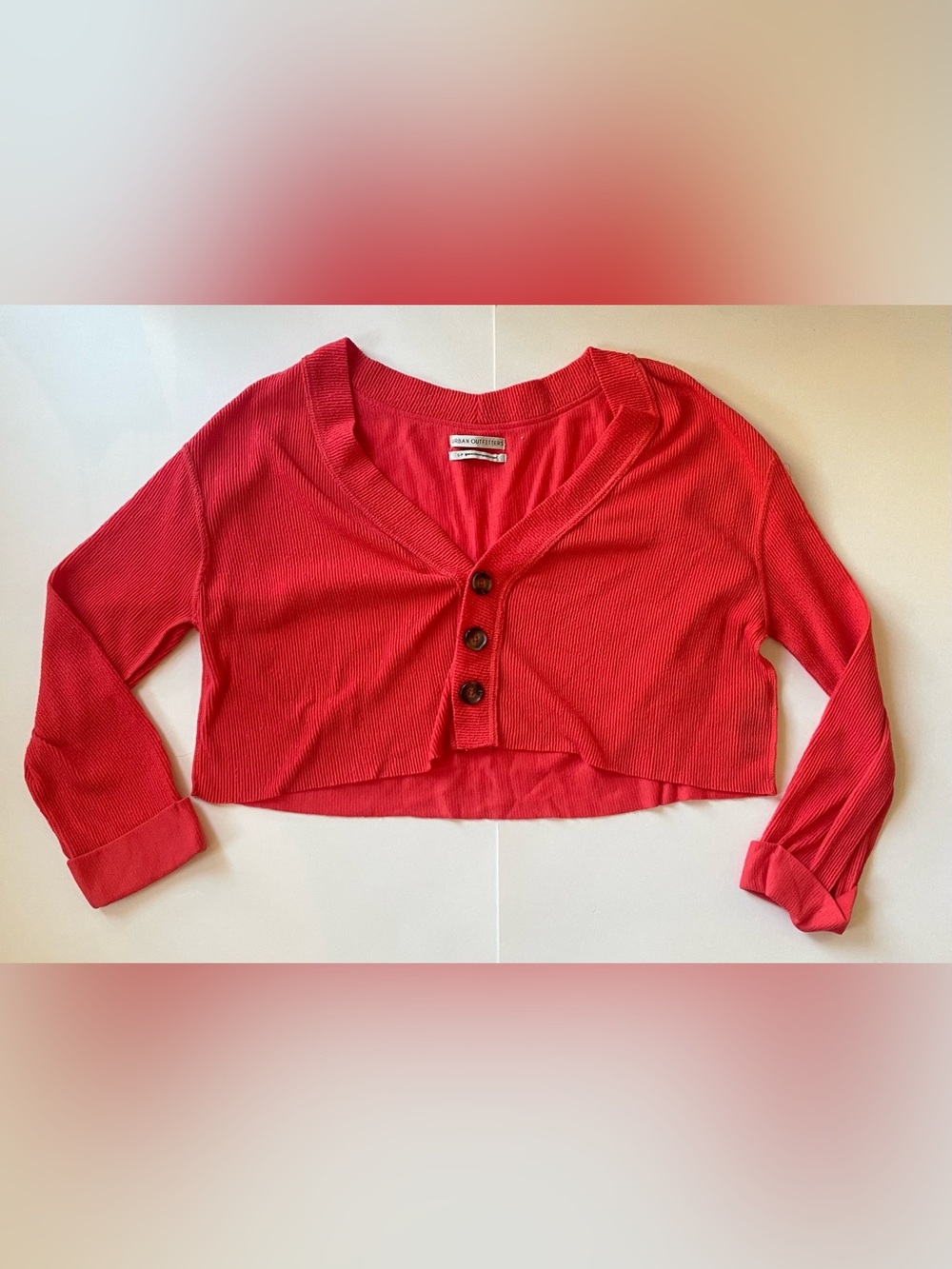 Urban Outfitters Preppy Cropped Red Button-Front Long Sleeve Ribbed Cardigan